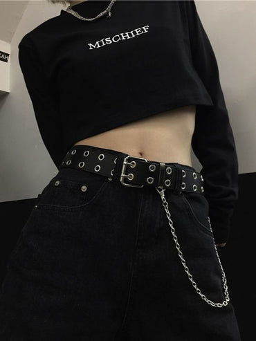 「デニムコーデの必須アクセ」ブラックダブルホールチェーン付きレザーベルトSP0034