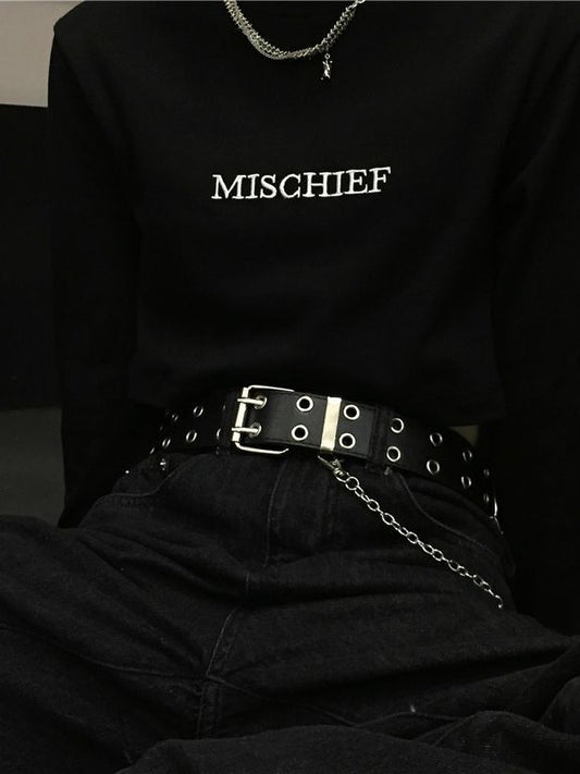 「デニムコーデの必須アクセ」ブラックダブルホールチェーン付きレザーベルトSP0034