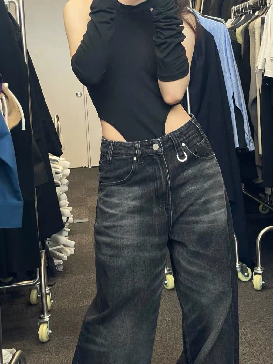 「毎日使える大人気定番◎・6サイズ」ブラックセミワイドデニムパンツ TK0001