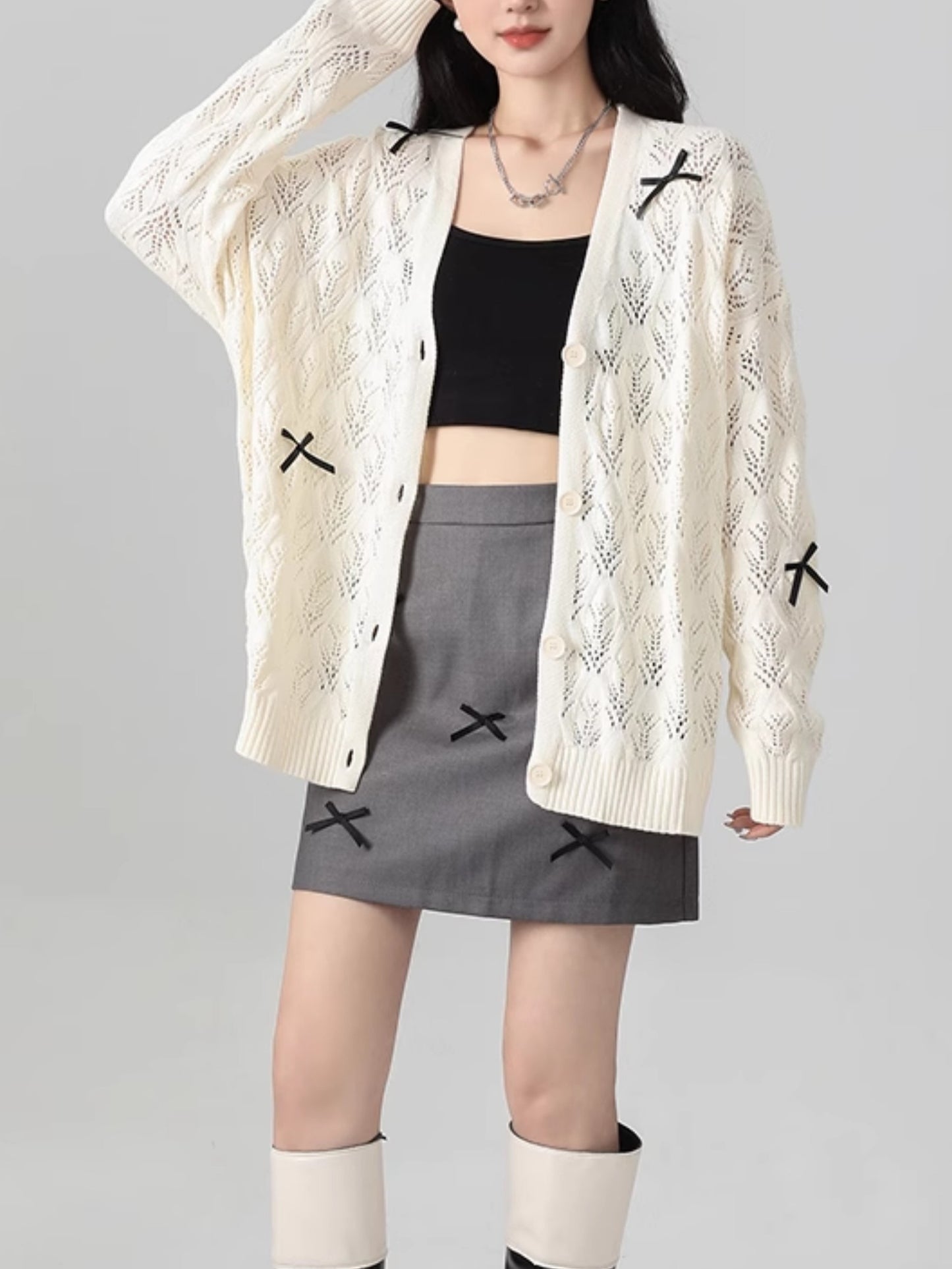 透かし編みリボンカーディガン TK0041