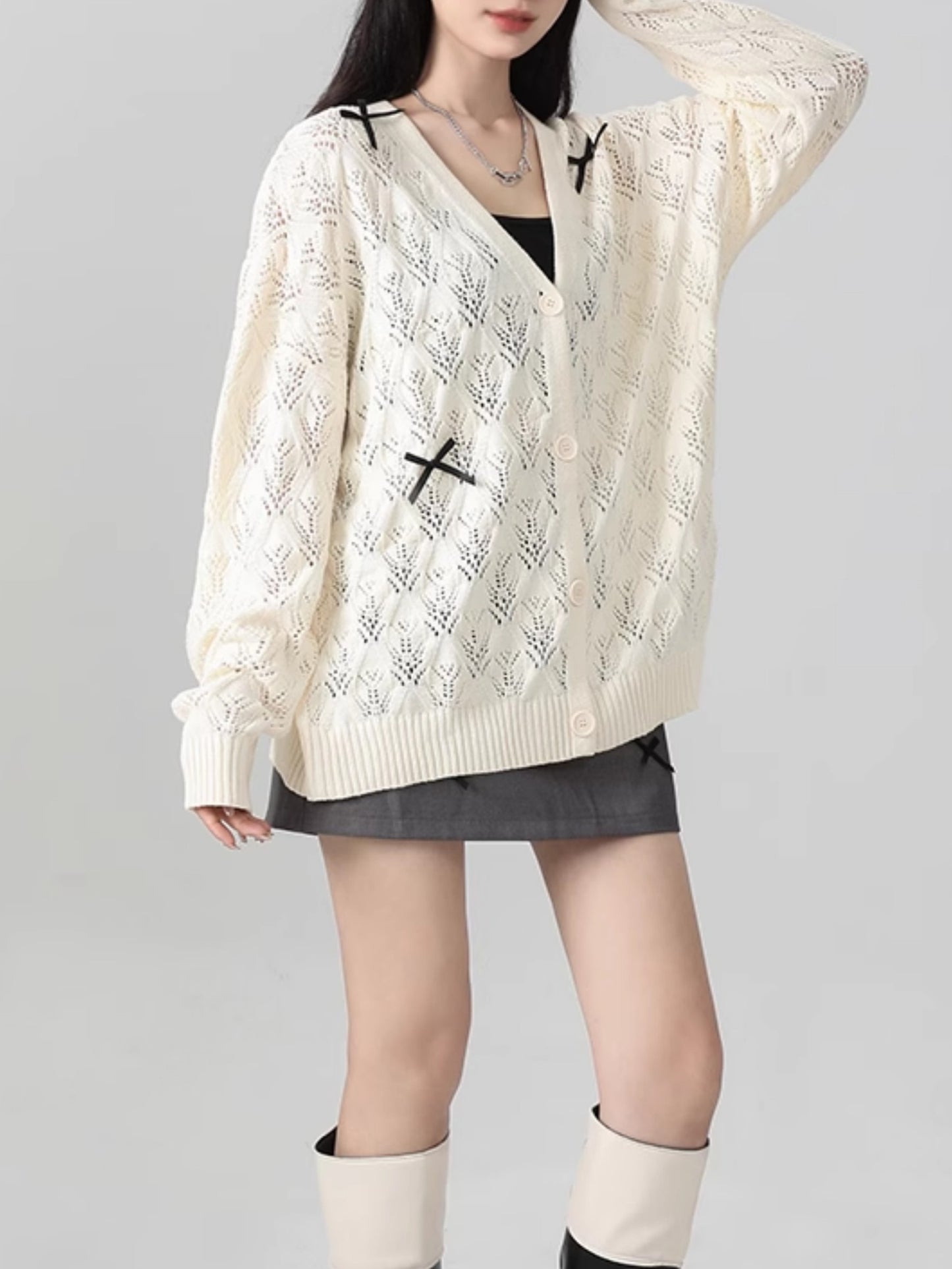 透かし編みリボンカーディガン TK0041