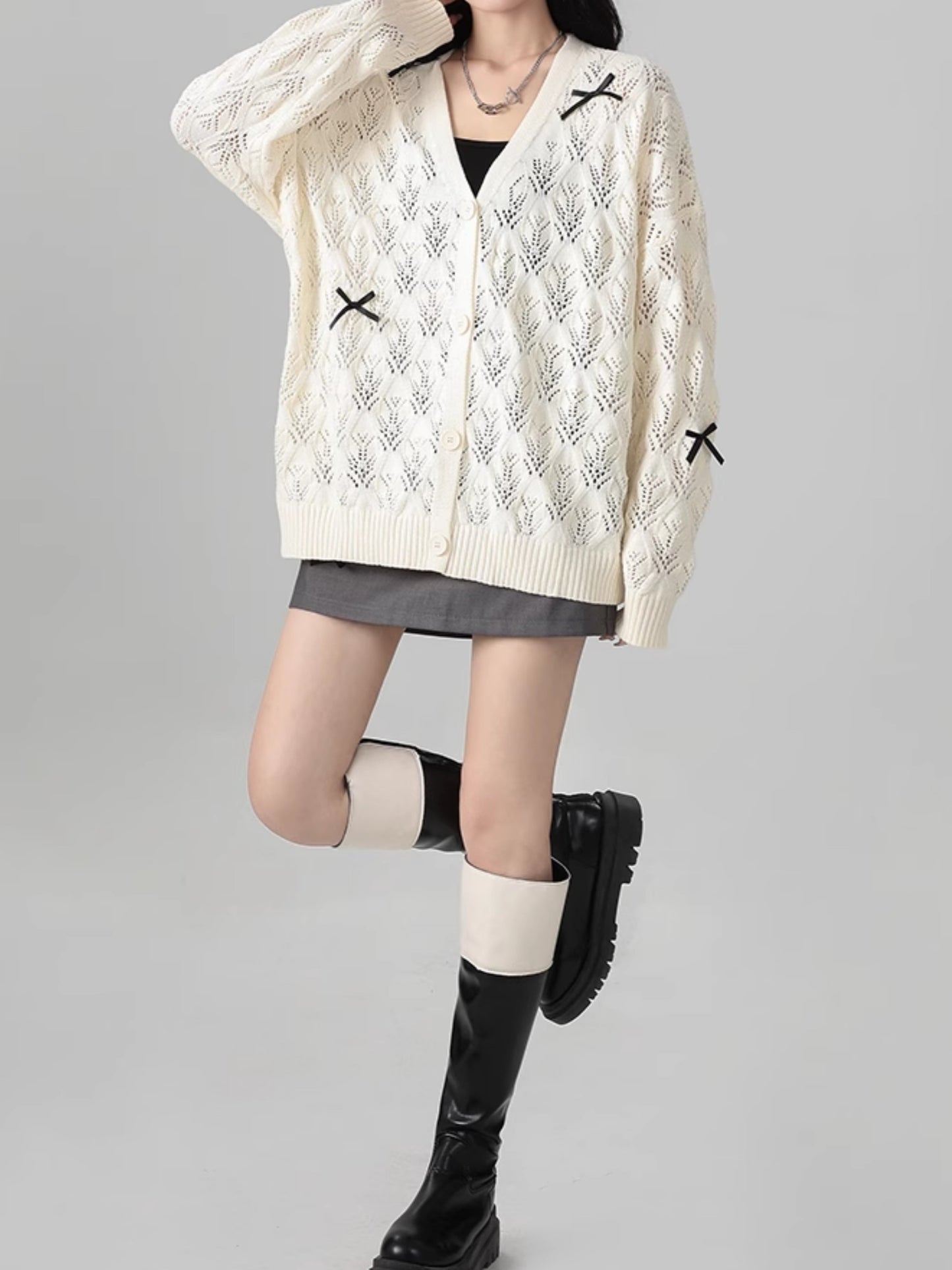 透かし編みリボンカーディガン TK0041