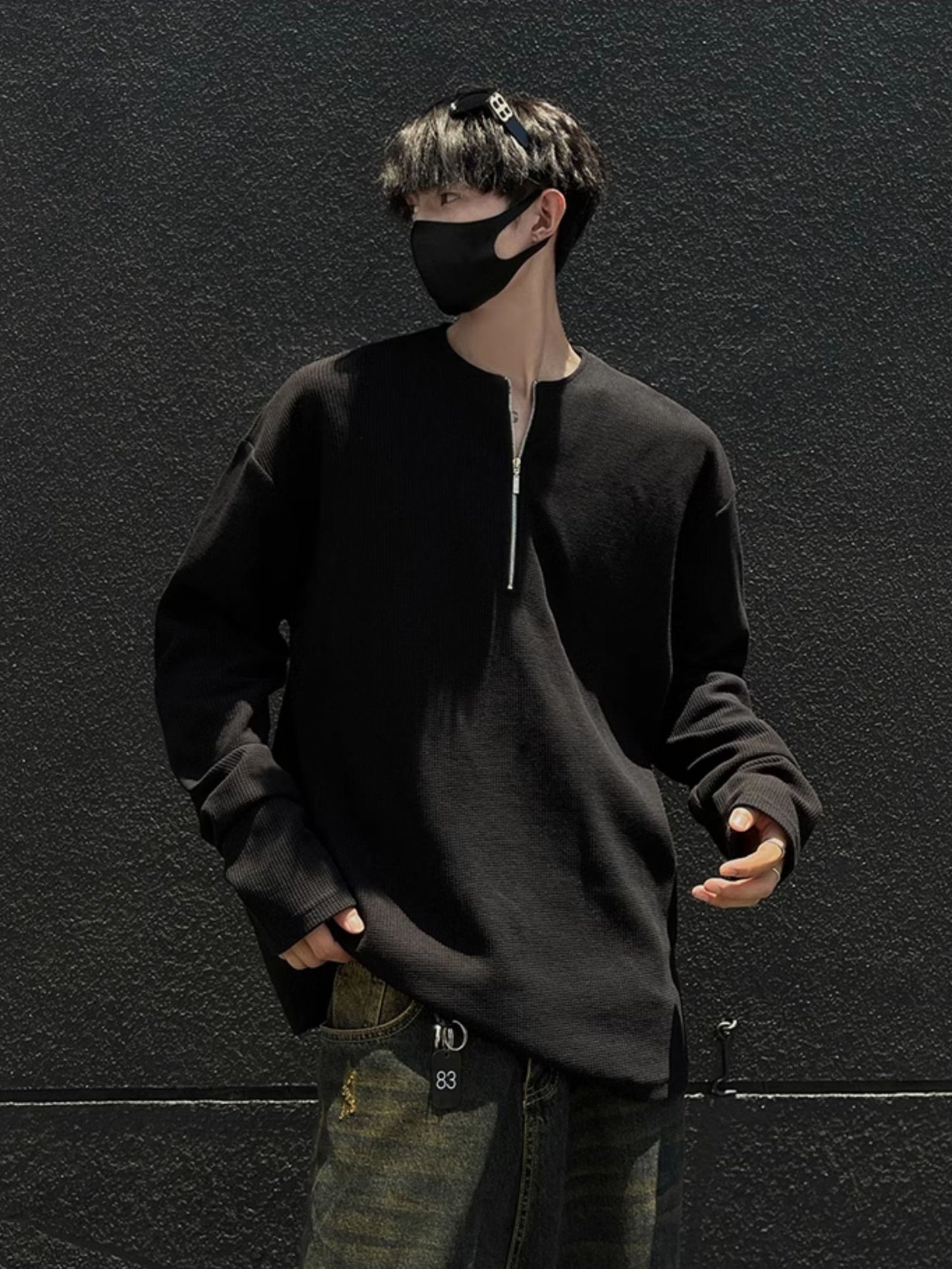 ワッフル編み ハーフジップ 長袖Tシャツ  TK0052
