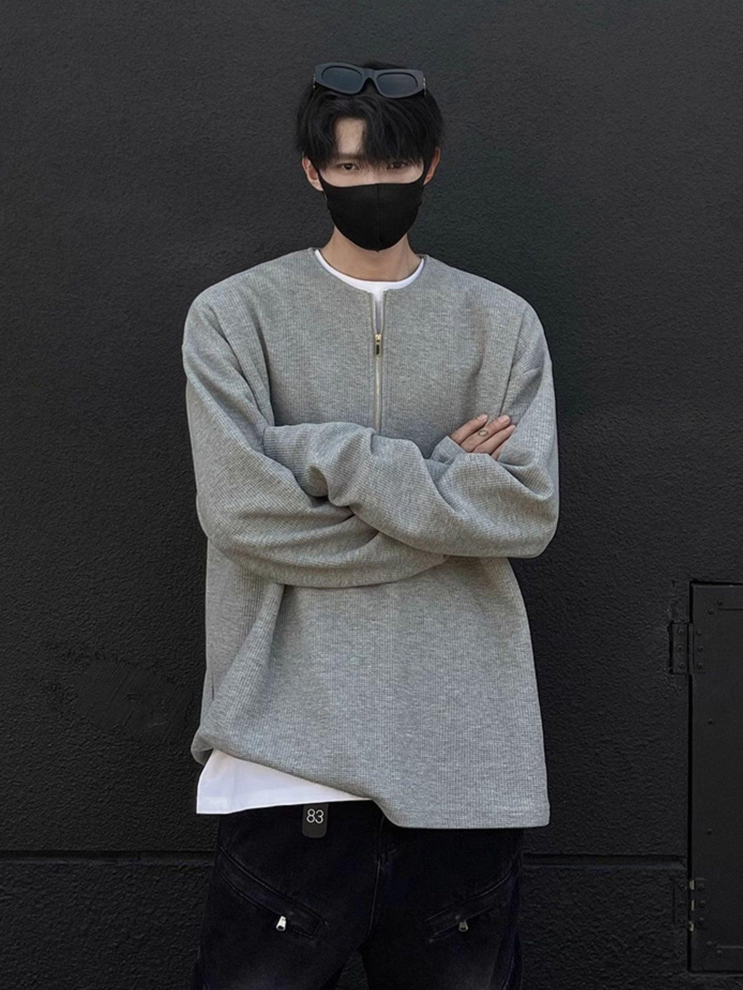 ワッフル編み ハーフジップ 長袖Tシャツ  TK0052