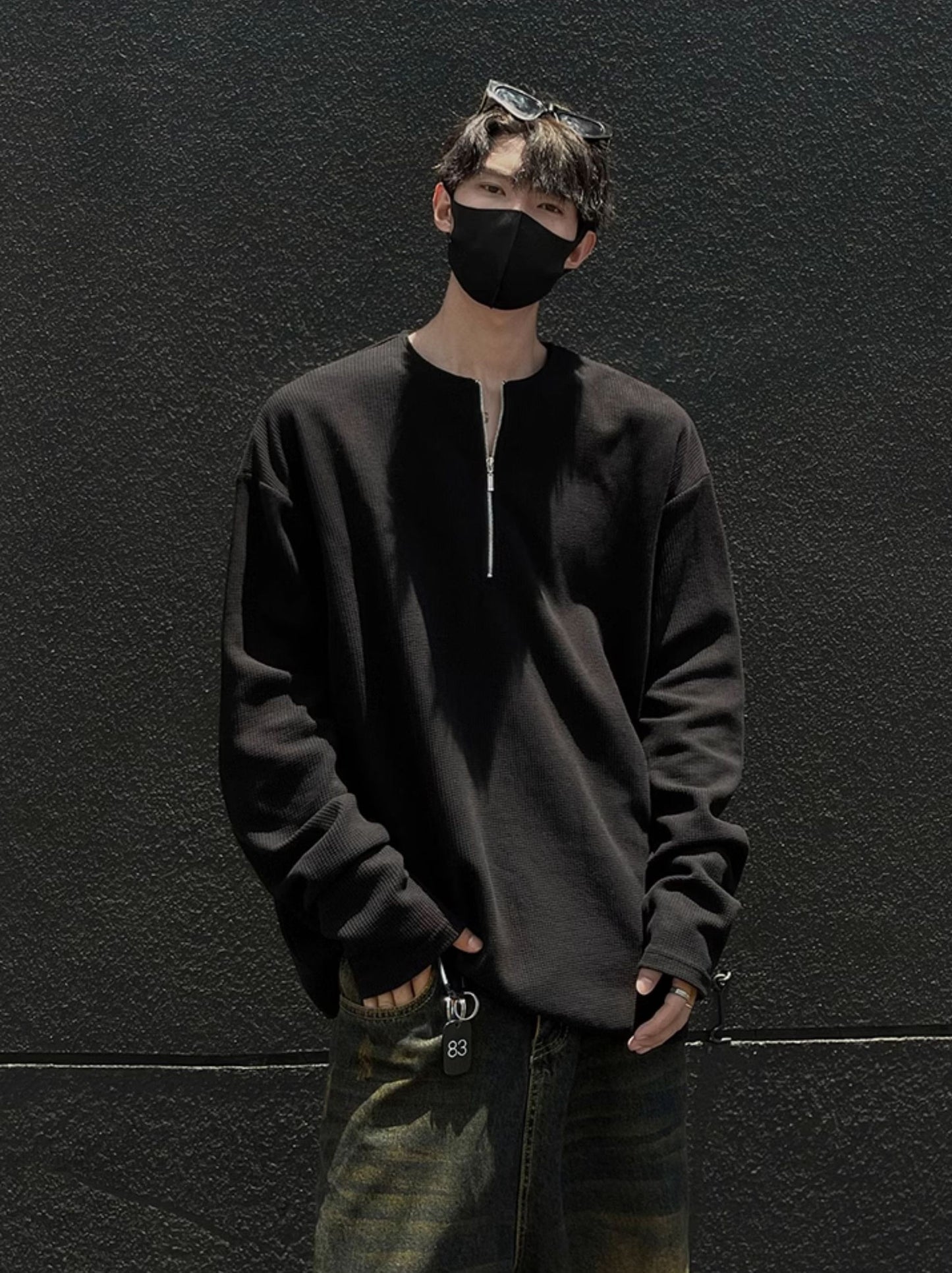ワッフル編み ハーフジップ 長袖Tシャツ  TK0052