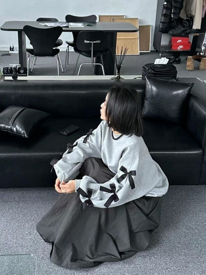 リボン付きクルーネック長袖スウェット TK0087