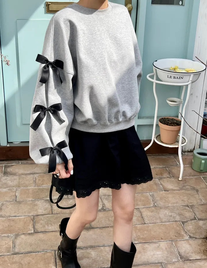 リボン付きクルーネック長袖スウェット TK0087