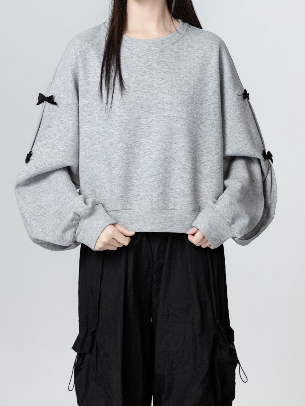 リボン付きクルーネック長袖スウェット TK0087