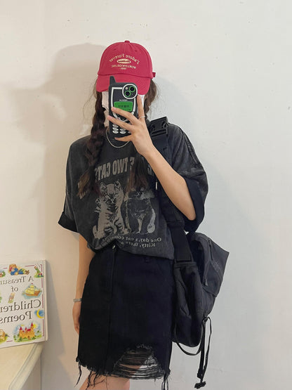 ネコプリントルーズ半袖Tシャツ TK0217