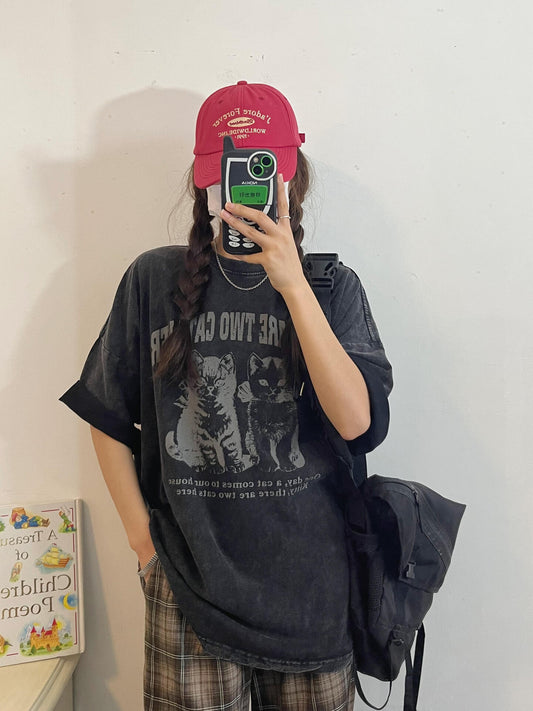 ネコプリントルーズ半袖Tシャツ TK0217