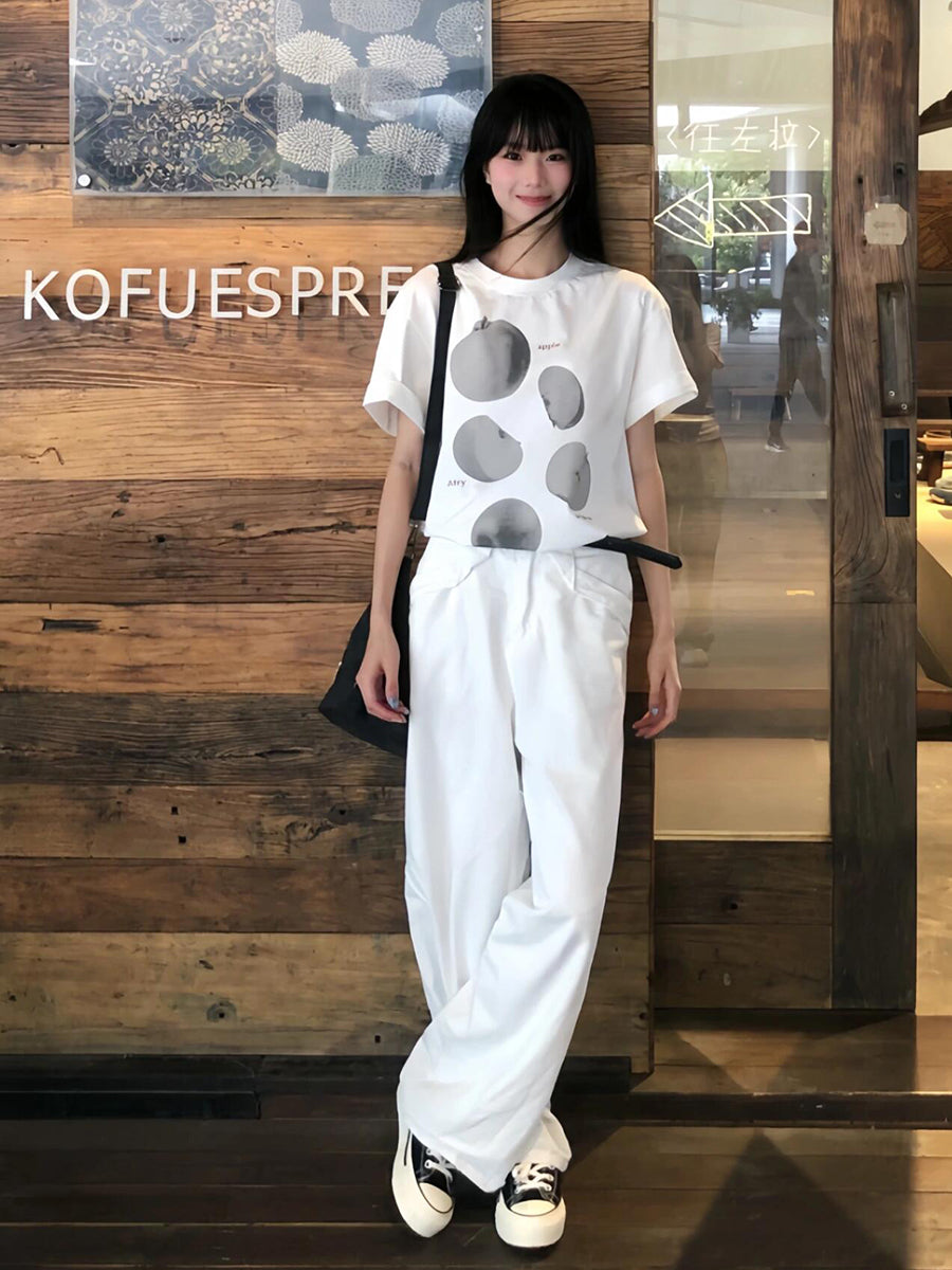 ホワイトアップルプリント半袖Tシャツ TK0221