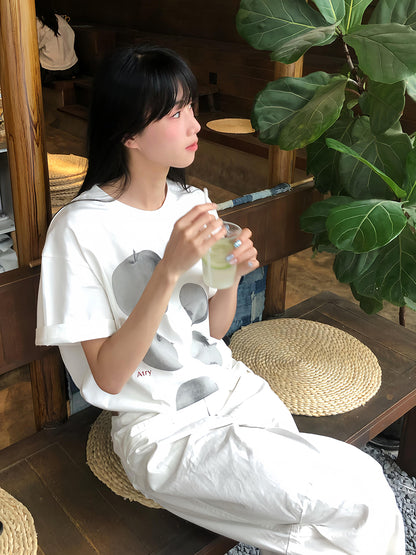 ホワイトアップルプリント半袖Tシャツ TK0221