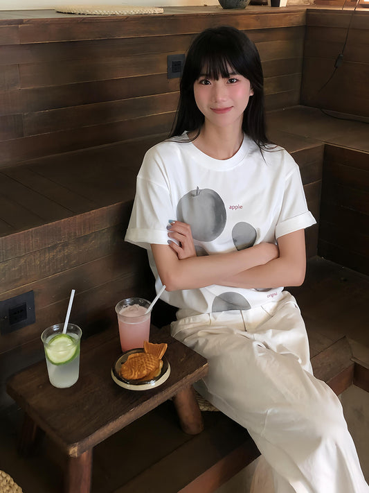ホワイトアップルプリント半袖Tシャツ TK0221