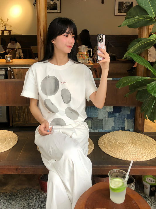 ホワイトアップルプリント半袖Tシャツ TK0221