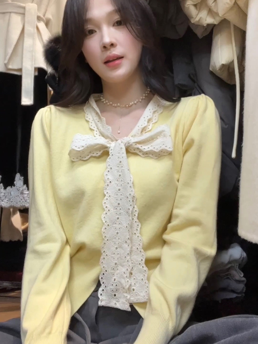 レースリボンVネックニット TK0257