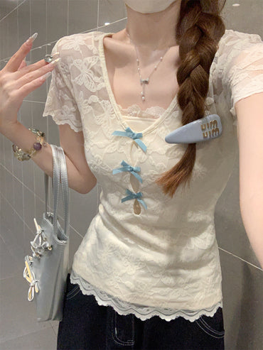 「程よい透け感」レースリボンアイスシルクカットアウトTシャツ TK0262