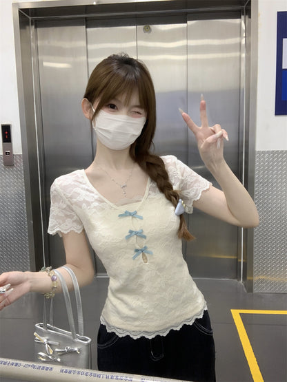 「程よい透け感」レースリボンアイスシルクカットアウトTシャツ TK0262