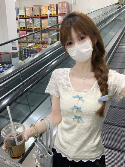 「程よい透け感」レースリボンアイスシルクカットアウトTシャツ TK0262
