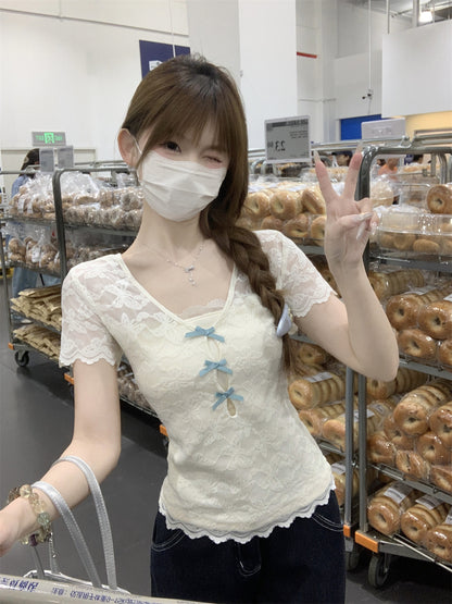 「程よい透け感」レースリボンアイスシルクカットアウトTシャツ TK0262