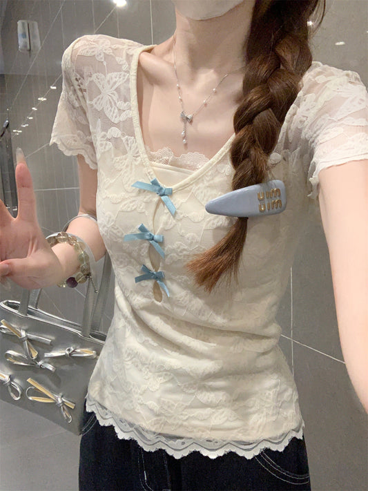 「程よい透け感」レースリボンアイスシルクカットアウトTシャツ TK0262