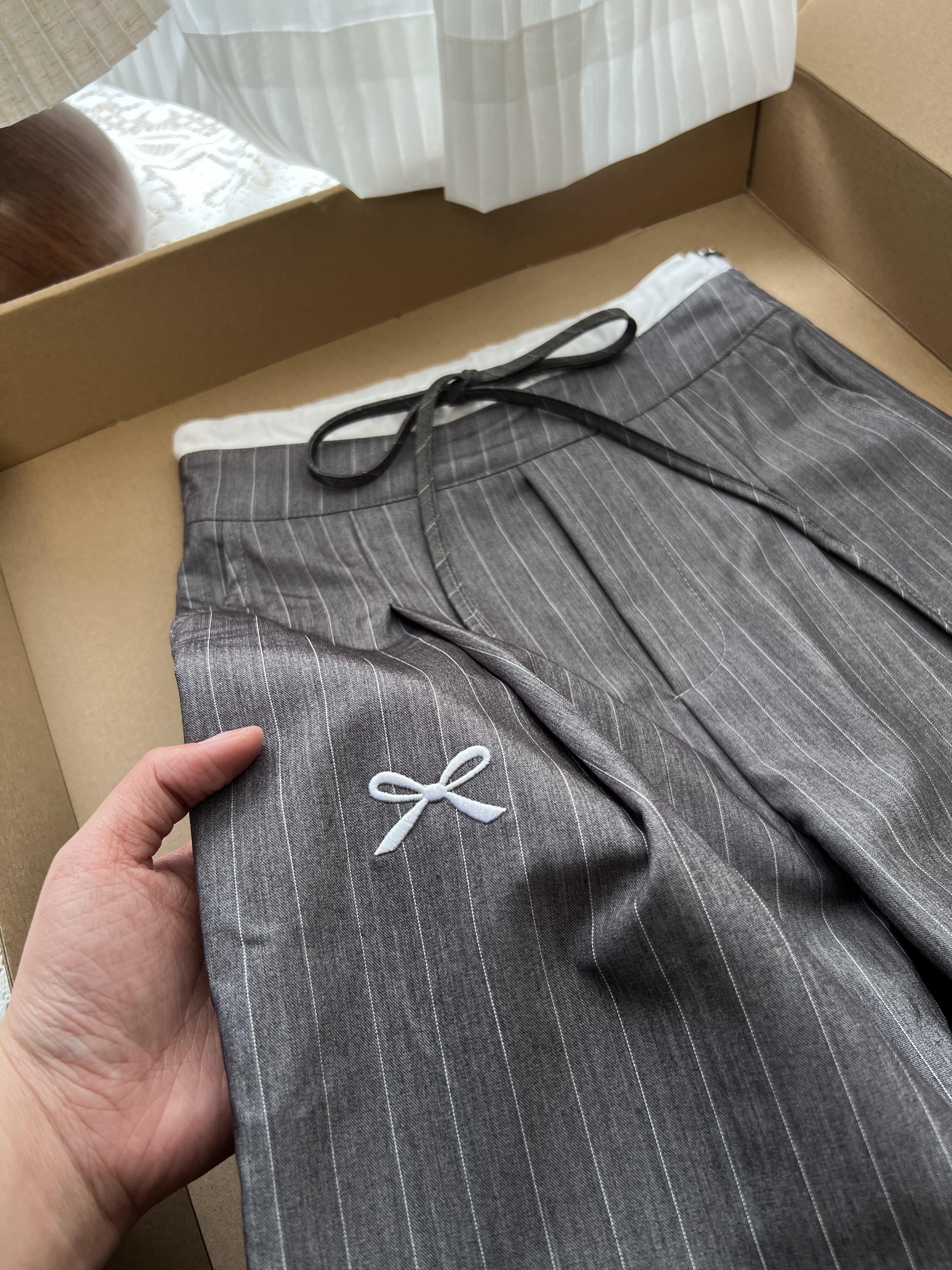 sstein ダークグレー ストライプ ワイドパンツ forksy.】ダブルウエストワイドパンツ/ストライプ柄・無地