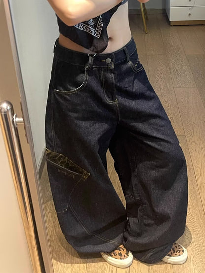 「人気」レオパード切り替え ワイドデニムパンツ TK0295