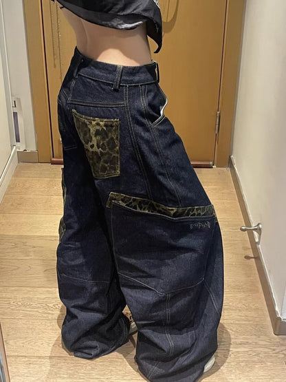 「人気」レオパード切り替え ワイドデニムパンツ TK0295