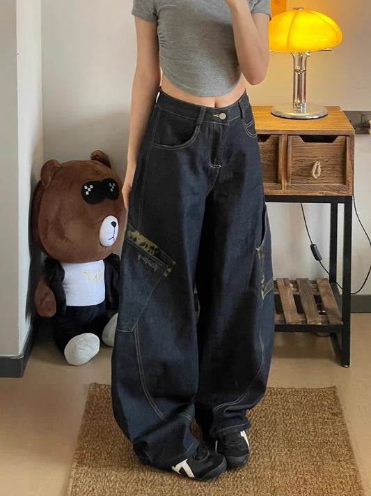 「人気」レオパード切り替え ワイドデニムパンツ TK0295