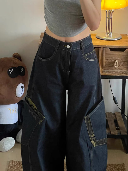 「人気」レオパード切り替え ワイドデニムパンツ TK0295