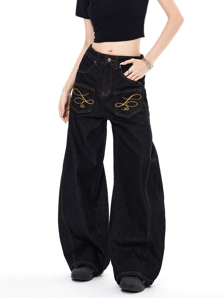 「刺繍飾り」ワイドバギーデニムパンツ TK0305