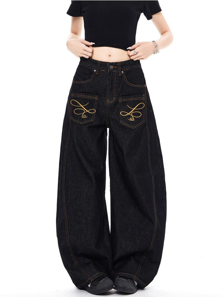 「刺繍飾り」ワイドバギーデニムパンツ TK0305