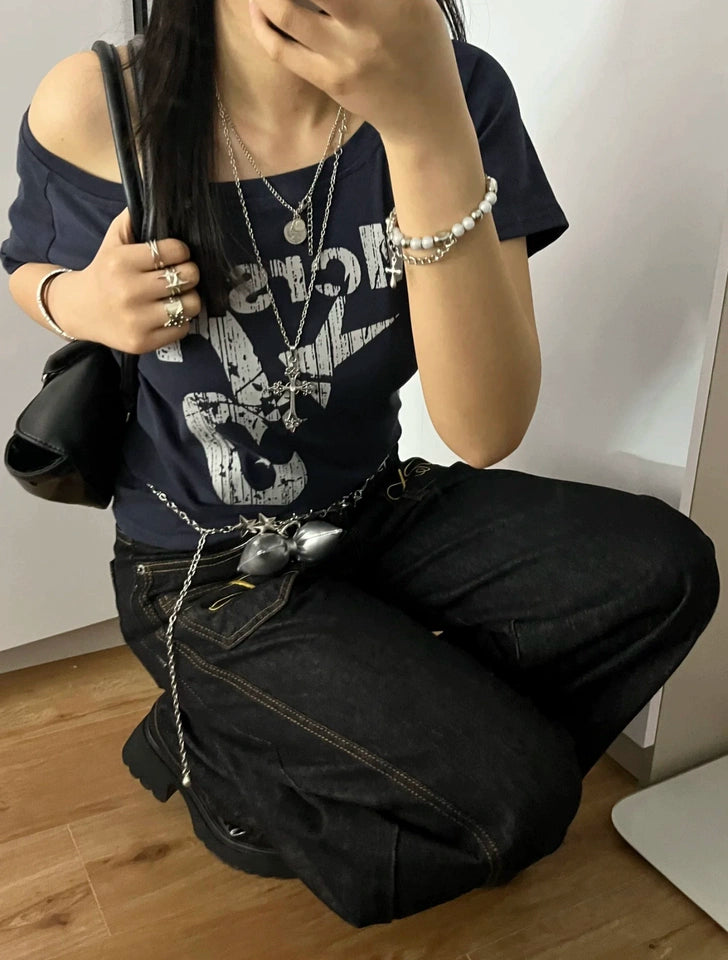 「刺繍飾り」ワイドバギーデニムパンツ TK0305