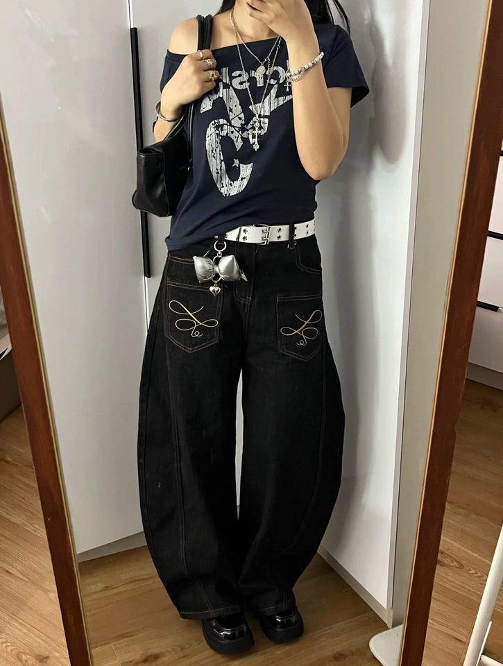 「刺繍飾り」ワイドバギーデニムパンツ TK0305