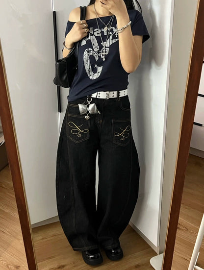 「刺繍飾り」ワイドバギーデニムパンツ TK0305