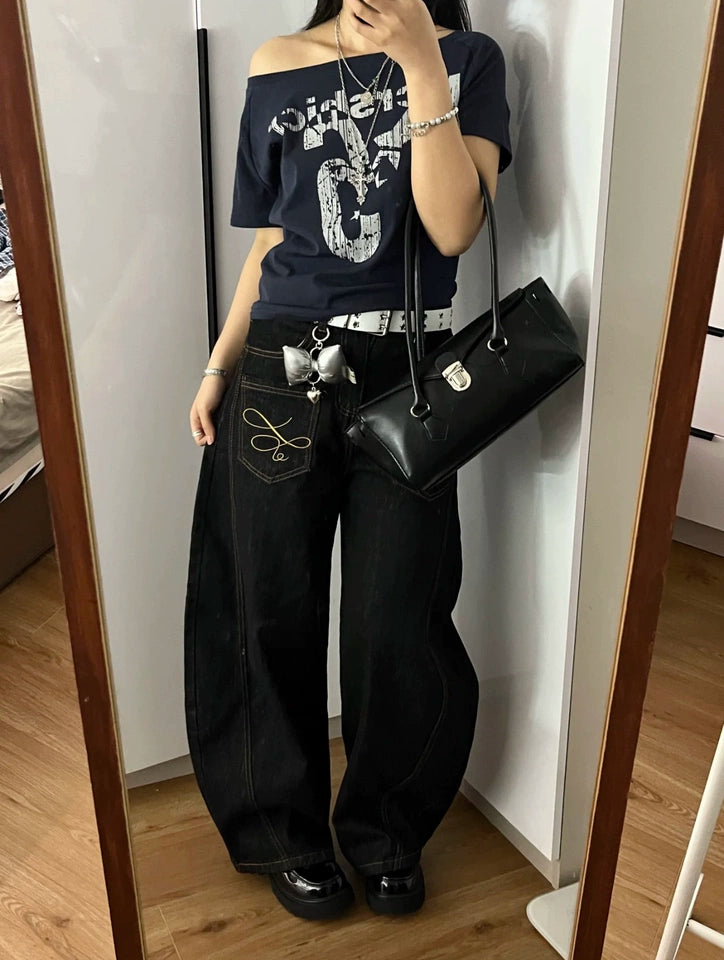 「刺繍飾り」ワイドバギーデニムパンツ TK0305