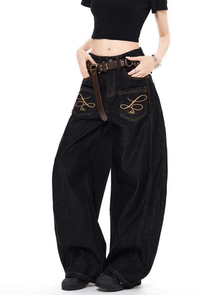 「刺繍飾り」ワイドバギーデニムパンツ TK0305