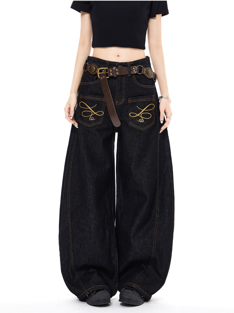 「刺繍飾り」ワイドバギーデニムパンツ TK0305