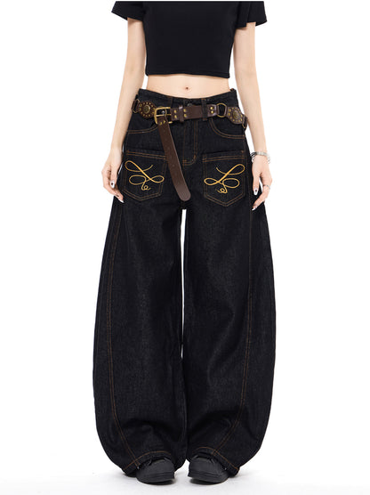 「刺繍飾り」ワイドバギーデニムパンツ TK0305