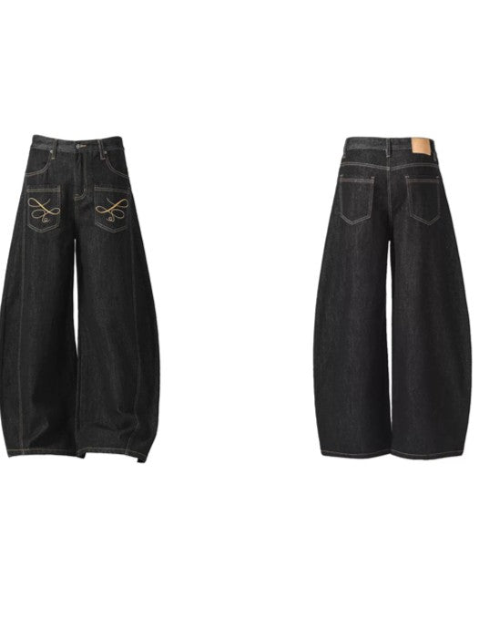 「刺繍飾り」ワイドバギーデニムパンツ TK0305