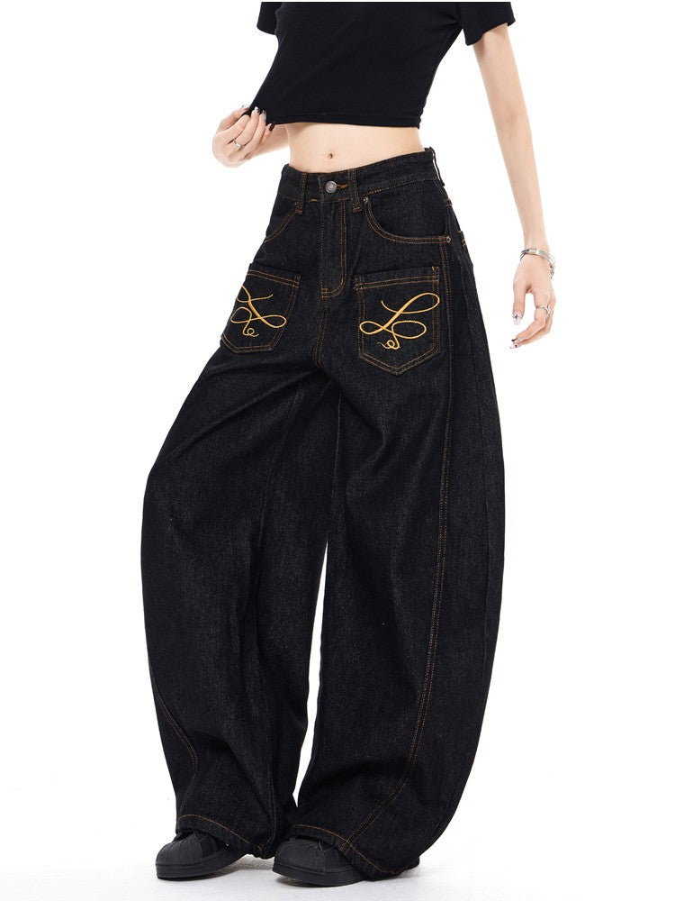 「刺繍飾り」ワイドバギーデニムパンツ TK0305