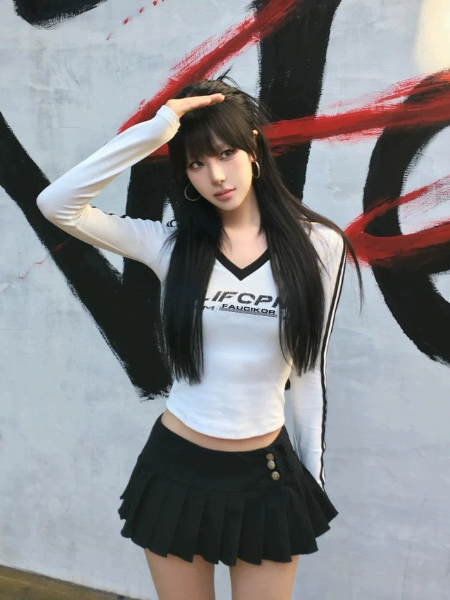 韓国風クロップド丈ライン入り長袖トップス TK0317