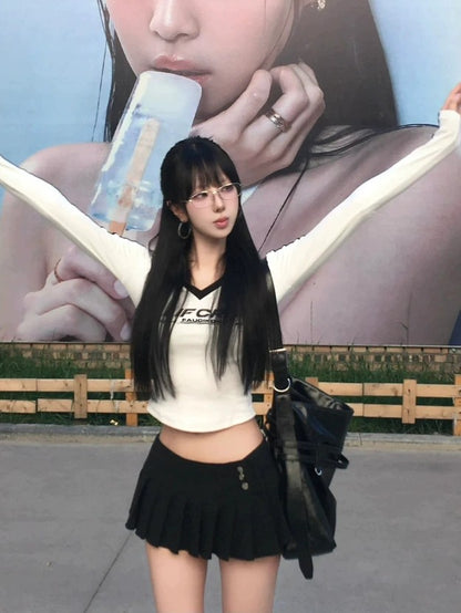 韓国風クロップド丈ライン入り長袖トップス TK0317