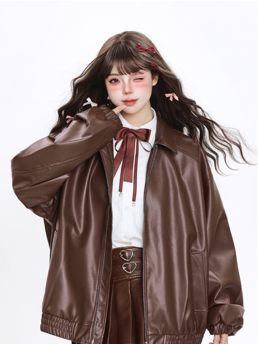 「ブラック/ブラウン」PUレザー ライダースジャケット TK0320