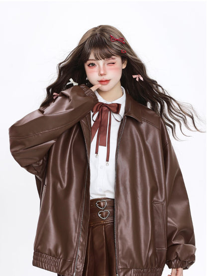 「ブラック/ブラウン」PUレザー ライダースジャケット TK0320