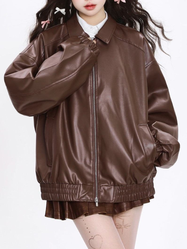 「ブラック/ブラウン」PUレザー ライダースジャケット TK0320