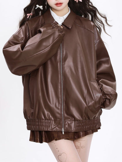 「ブラック/ブラウン」PUレザー ライダースジャケット TK0320