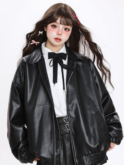 「ブラック/ブラウン」PUレザー ライダースジャケット TK0320