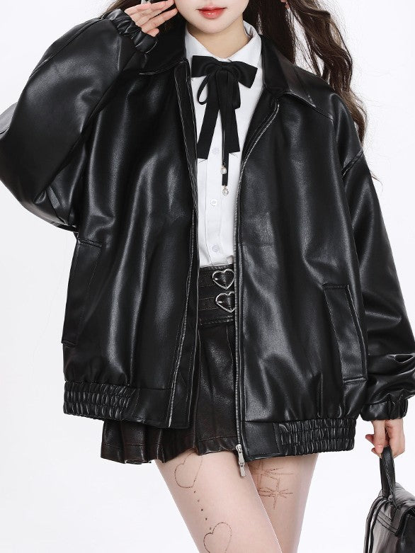 「ブラック/ブラウン」PUレザー ライダースジャケット TK0320