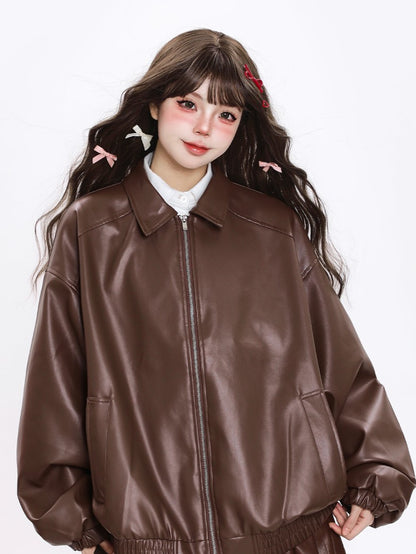 「ブラック/ブラウン」PUレザー ライダースジャケット TK0320