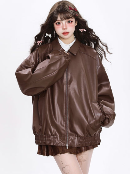 「ブラック/ブラウン」PUレザー ライダースジャケット TK0320